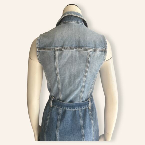 7 For All Mankind Denim Button Up Midi Dress XS Sleeveless Belted Frayed Hem - Picture 5 of 9
